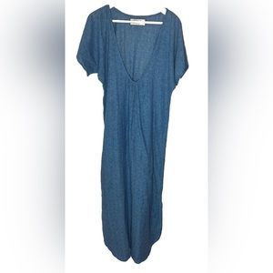 Josa Tulum Blue Gauzy Print Short Sleeve V-Neck Maxi Dress Cover Up Caftan OS